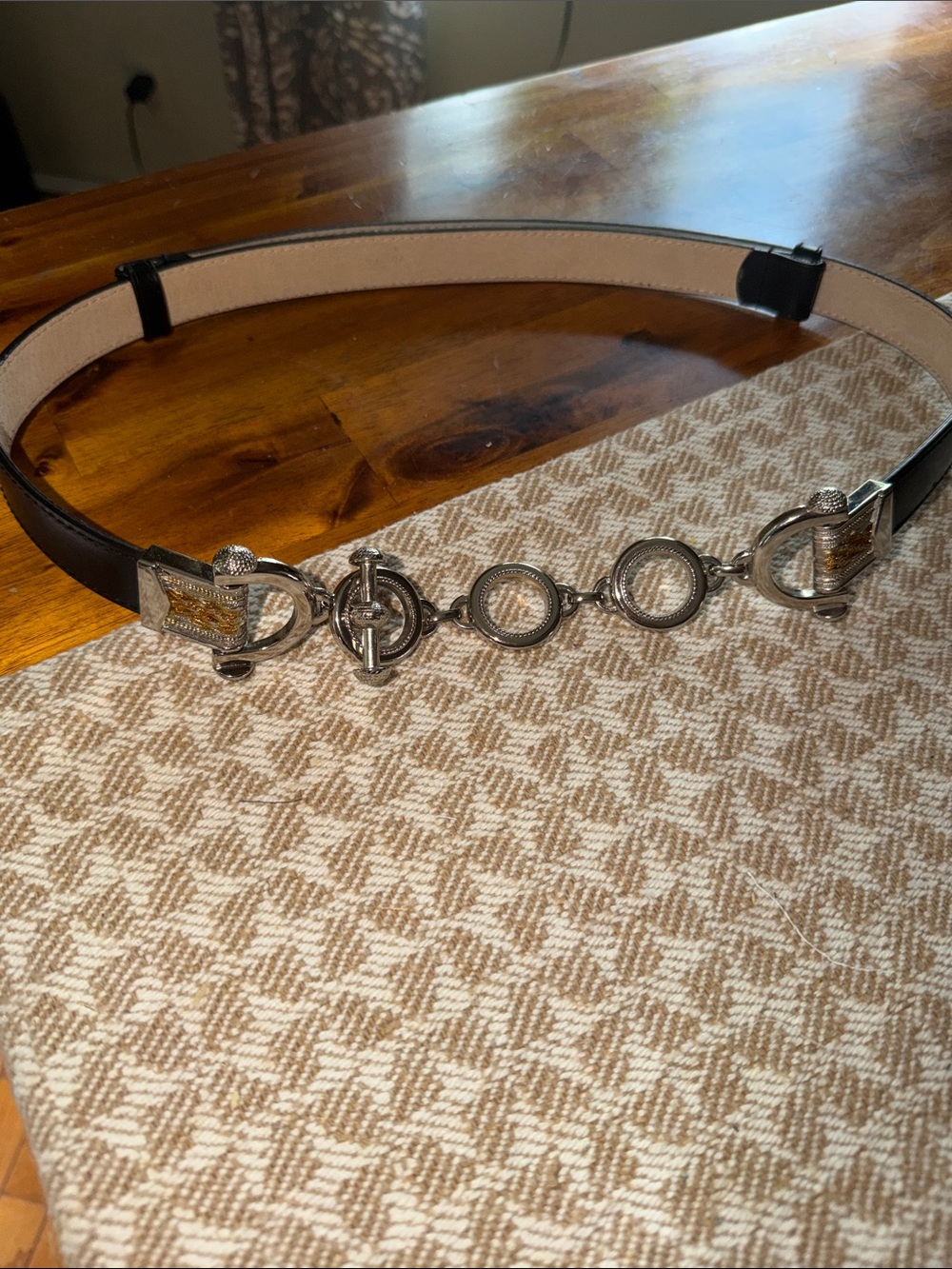 Etienne Aigner Women's Black Leather Chain Accent Belt with Silver Hardware